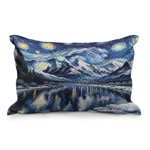 Ambesonne Painting Art Quilted Pillowcover, Starry Sky Lake Night, 30" x 20", Royal Blue and Yellow