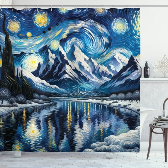 Ambesonne Painting Art Shower Curtain, Starry Sky Lake Night, 69"Wx84"L, Royal Blue and Yellow
