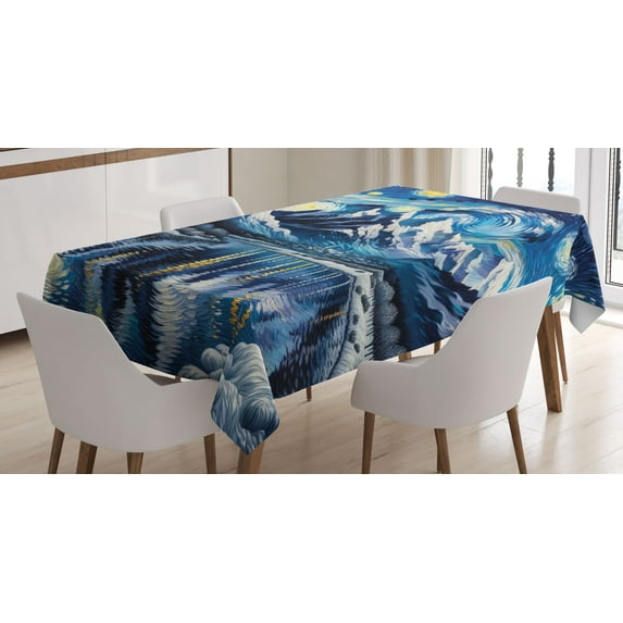 Ambesonne Painting Art Tablecloth Rectangular Table Cover, Starry Sky Lake Night, 60"x90", Royal Blue and Yellow
