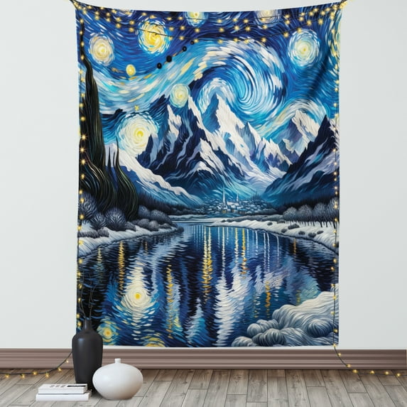 Ambesonne Painting Art Tapestry Wall Hanging, Starry Sky Lake Night, 60"x80", Royal Blue and Yellow