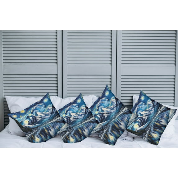 Ambesonne Painting Art Throw Pillow Cover Pack of 4, Starry Sky Lake Night, 4 Pcs-18" x 18", Royal Blue and Yellow