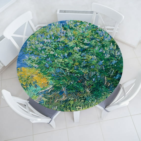 Ambesonne Painting Fitted Round Tablecloth, Impressionist Countryside, 40"- 44" Diameter, Jade Green Azure Blue
