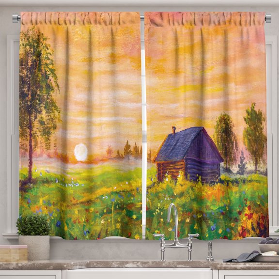 Ambesonne Painting Kitchen Curtains, Rural Countryside Sunset, 55"x45", Marigold Green and Quartz