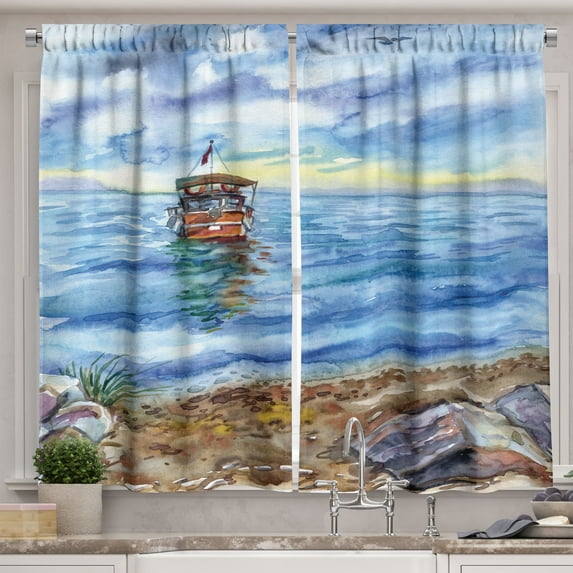 Ambesonne Painting Kitchen Curtains, Sailboat Sea Rocky Coast, 55"x24", Brown Pale Azure Blue