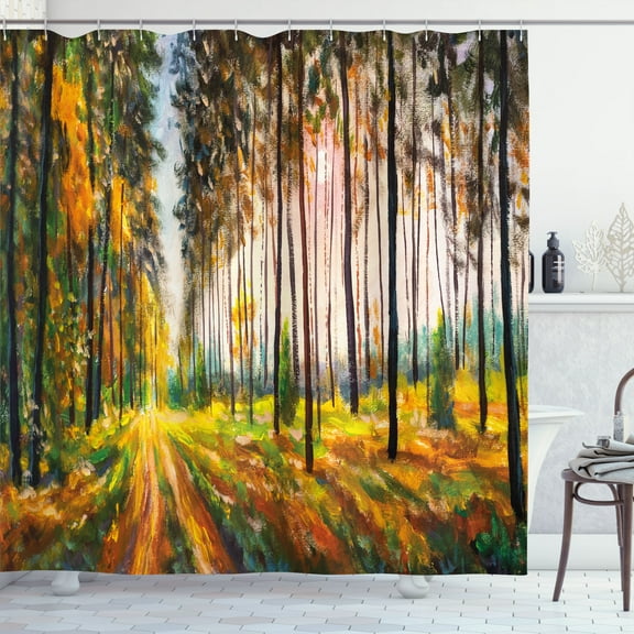 Ambesonne Painting Shower Curtain, Autumn Forest Panorama, 69"Wx84"L, Dark Orange Fawn Green