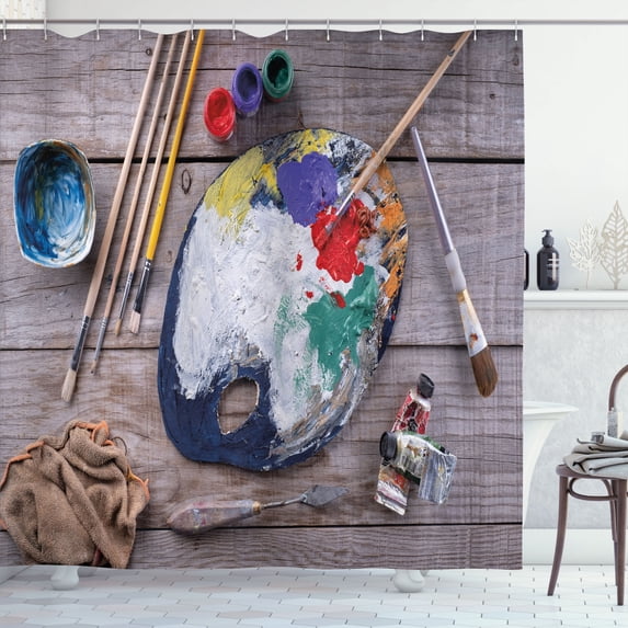 Ambesonne Painting Shower Curtain, Paintbrushes Palette Dyes, 69"Wx70"L, Violet Blue Ruby Yellow