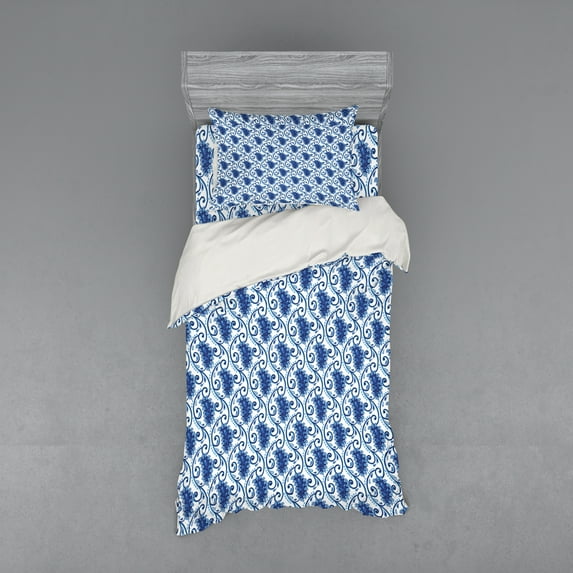Ambesonne Paisley Bedding Set 3 Pcs, Flowers Ivy Leaves and Dots, Twin, Blue and White
