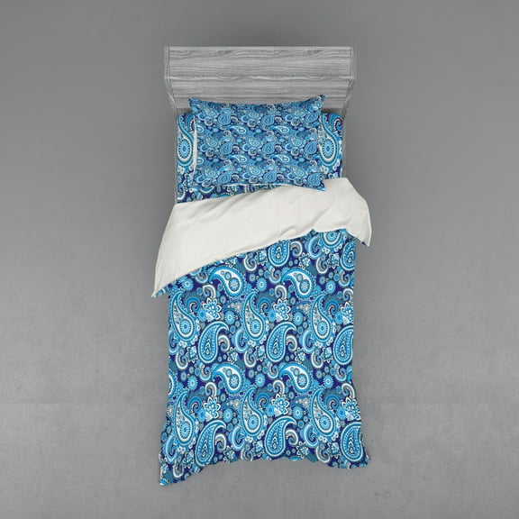 Ambesonne Paisley Bedding Set 3 Pcs, Flowers Leaves and Dots, Twin XL, Blue