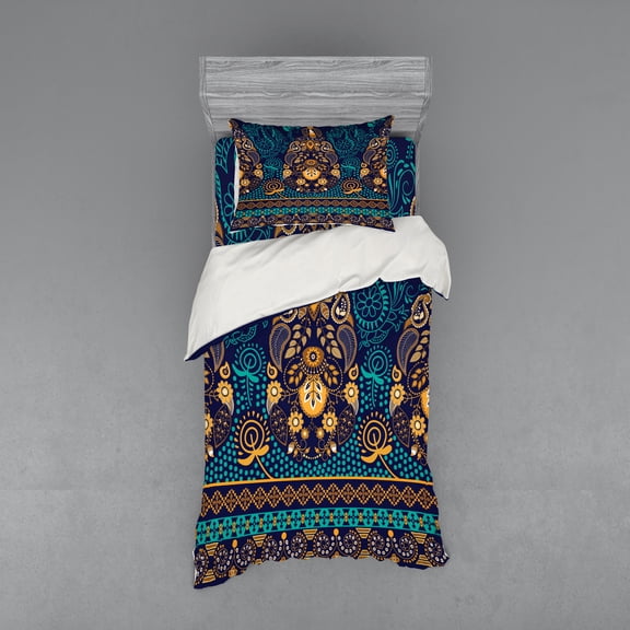 Ambesonne Paisley Bedding Set 3 Pcs, Flowers and Dot, Twin XL, Blue Earth Yellow