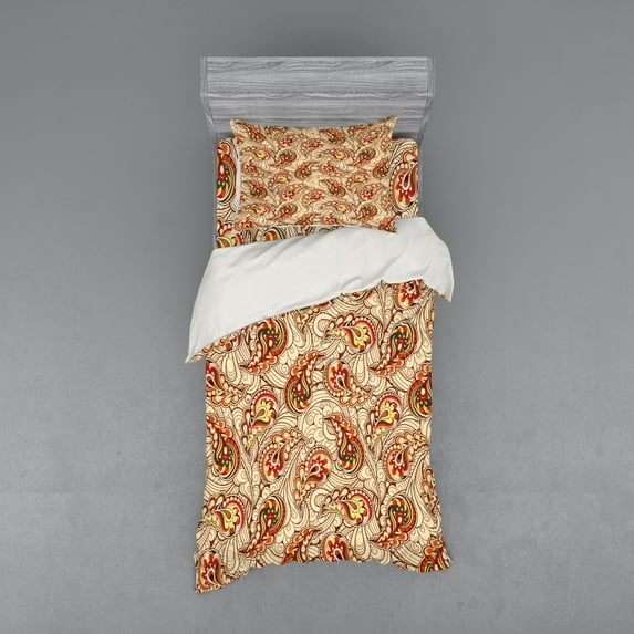 Ambesonne Paisley Bedding Set 3 Pcs, Leaves, Twin XL, Red Beige