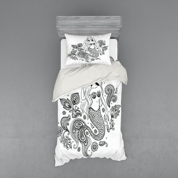 Ambesonne Paisley Bedding Set 3 Pcs, Mermaid in Ocean, Twin, Black Grey