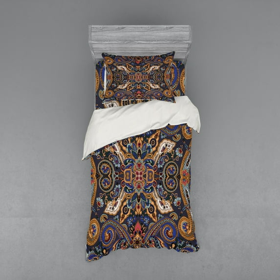 Ambesonne Paisley Bedding Set 3 Pcs, Moroccan Floret Antique, Twin, Royal Blue Sand Brown