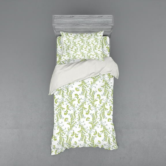 Ambesonne Paisley Bedding Set 3 Pcs, Old Leaf Swirl Floral, Twin XL, Green Black White