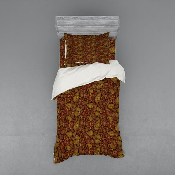 Ambesonne Paisley Bedding Set 3 Pcs, Oriental Damask Design, Twin XL, Redwood and Amber