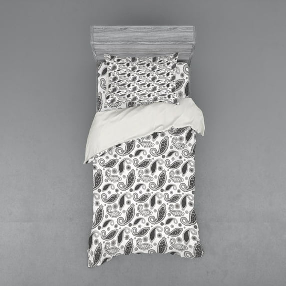 Ambesonne Paisley Bedding Set 3 Pcs, Oriental Florets Leaf, Twin, Grey and White