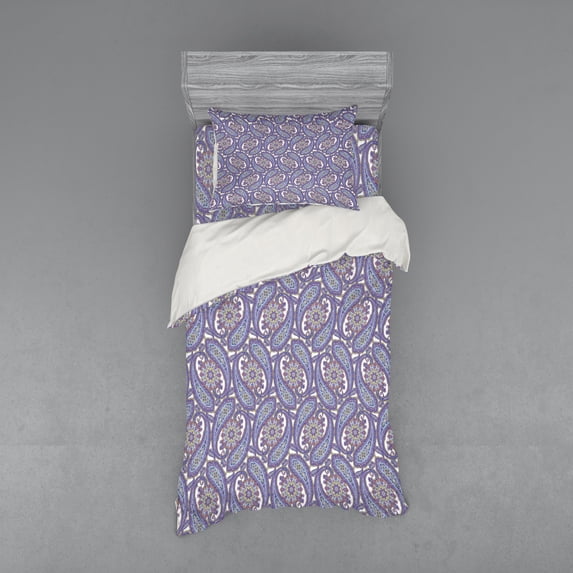 Ambesonne Paisley Bedding Set 3 Pcs, Raindrop Like Ornaments, Twin, Blue and Purple