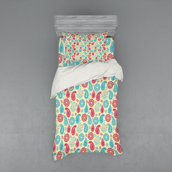 Ambesonne Paisley Bedding Set 3 Pcs, Traditional Leafy Motifs, Twin, Turquoise Pink Cream