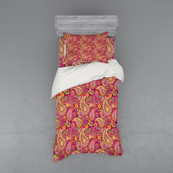Ambesonne Paisley Bedding Set 3 Pcs, Vivid Flowers and Dots, Twin XL, Multicolor