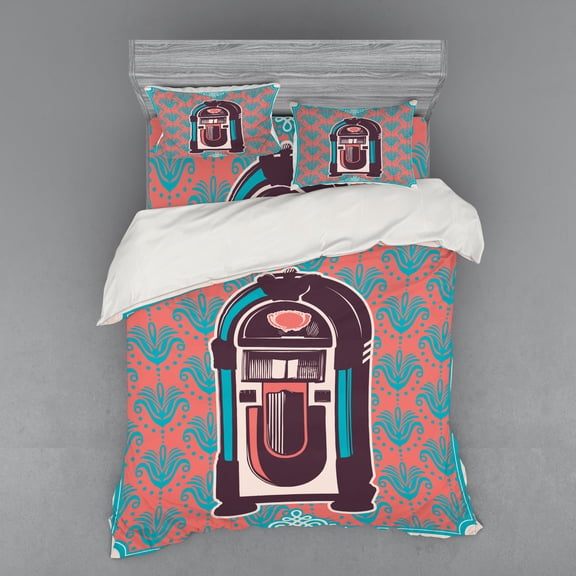 Ambesonne Paisley Bedding Set 4 Pcs, Retro Music Box Party, Queen, Dried Rose Turquoise