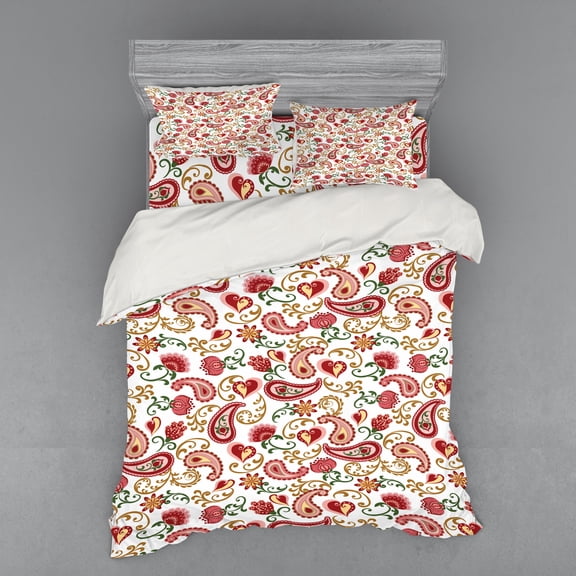 Ambesonne Paisley Bedding Set 4 Pcs, Style Rose Motif, Queen, Pale Pink Red