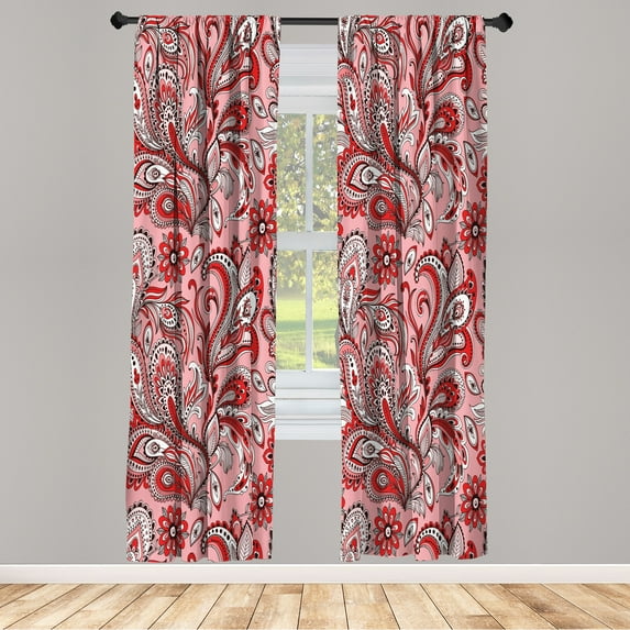 Ambesonne Paisley Curtains, Ethnic Boho Flowers Leaves, Pair of 28"x63", Dark Coral Pastel Pink