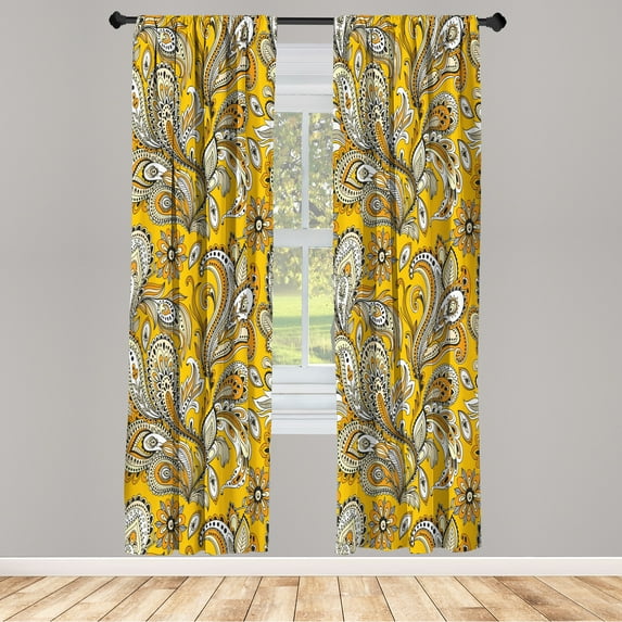 Ambesonne Paisley Curtains, Ethnic Boho Flowers Leaves, Pair of 28"x63", Earth Yellow Marigold