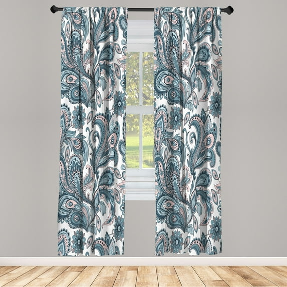 Ambesonne Paisley Curtains, Ethnic Boho Flowers Leaves, Pair of 28"x84", Blue Grey Pale Rose