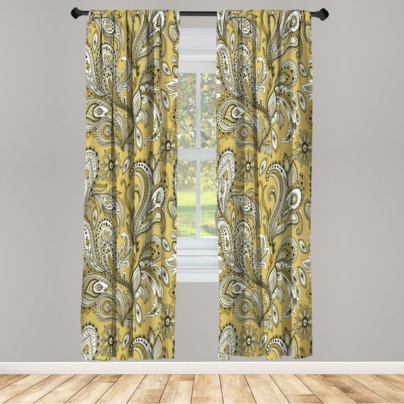 Ambesonne Paisley Curtains, Ethnic Boho Flowers Leaves, Pair of 28"x84", Pale Earth Yellow Fawn