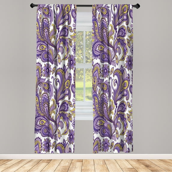 Ambesonne Paisley Curtains, Ethnic Boho Flowers Leaves, Pair of 28"x95", Khaki Purple Lavender