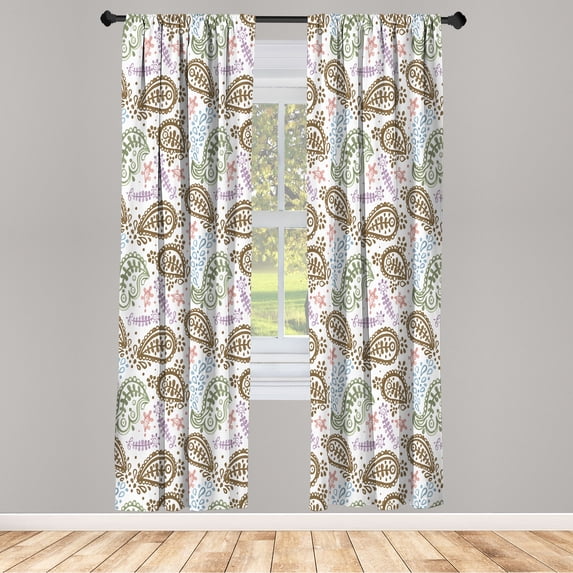 Ambesonne Paisley Curtains, Ikat Style Vintage Eastern, Pair of 28"x63", Taupe White