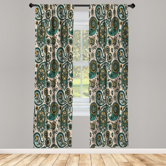 Ambesonne Paisley Curtains, Vintage Leaf Flower Motif, Pair of 28"x95", Dark Seafoam