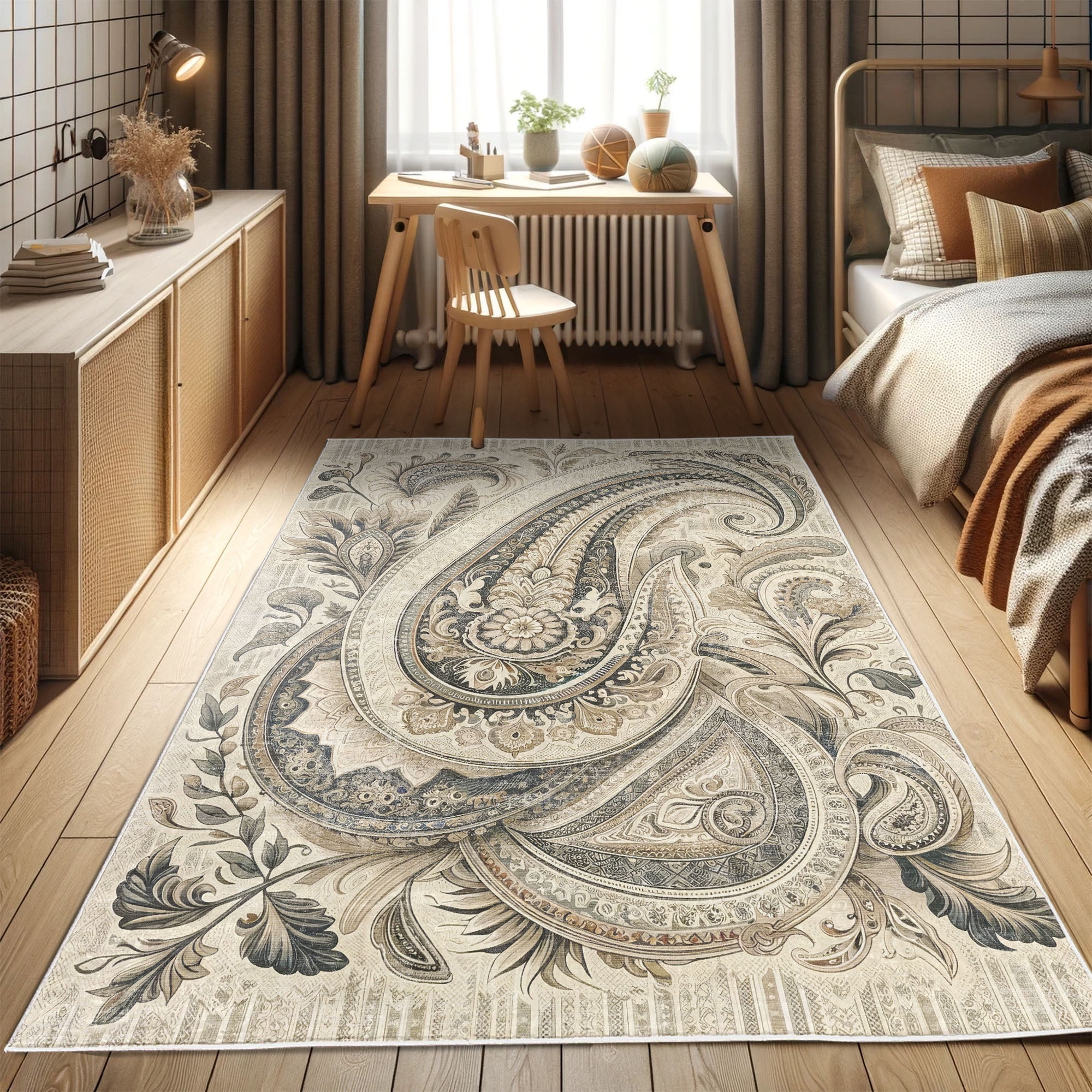Paisley Ivory and Sepia Synthetic Easy Care Area Rug 2'5" x 5'