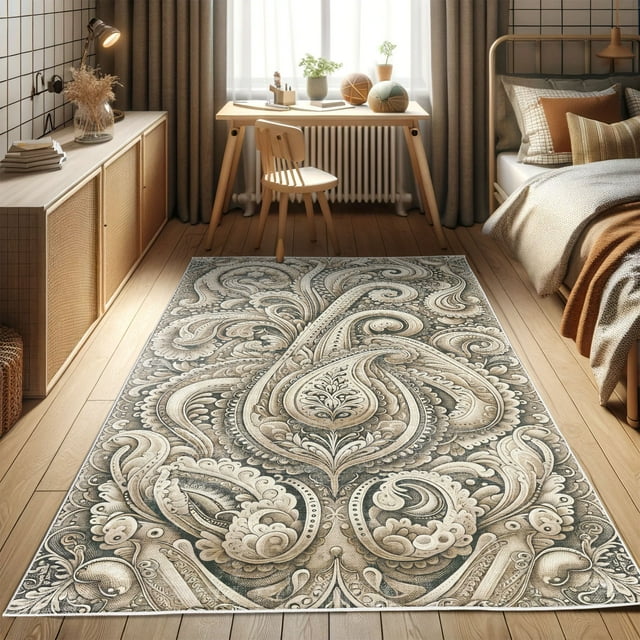 Ambesonne Paisley Decorative Rug Carpet, Ethnic Tangled Neutral Tone, 5' 1" X 7' 5", Dark Eggshell Tan and Grey