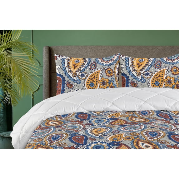 Ambesonne Paisley Down Alternative Quilt Comforter, Floral Ornament Drop Motifs, Full, Marigold Rust Blue