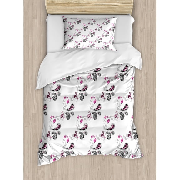Ambesonne Paisley Duvet Cover Set, Abstract Cultural Swirling, Twin, Black Grey and Pink
