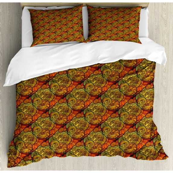 Ambesonne Paisley Duvet Cover Set, Art Deco Oriental Flowers, King, Reseda Green Orange