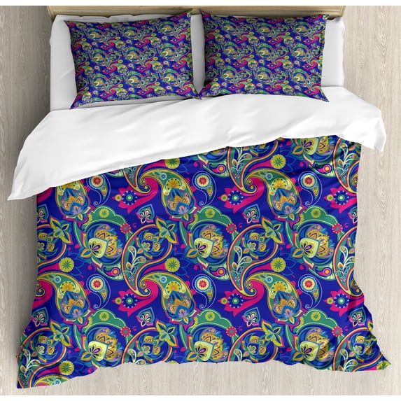 Ambesonne Paisley Duvet Cover Set, Classic Persian Welsh, Queen, Indigo and Olive Green