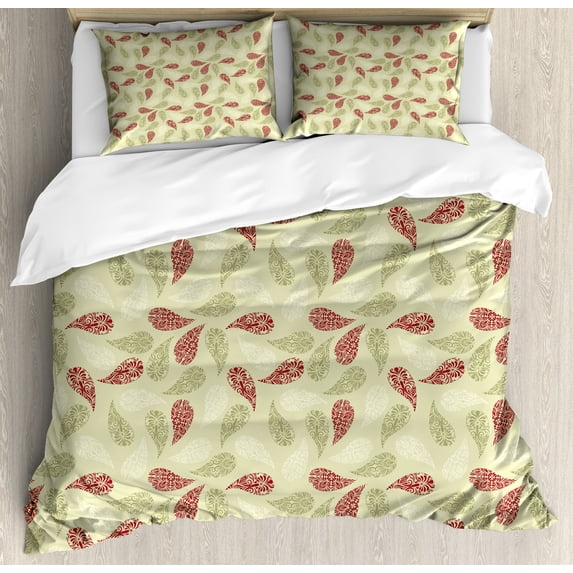 Ambesonne Paisley Duvet Cover Set, Floral Leaf Pattern, 2-Calking, Red and Pale Green
