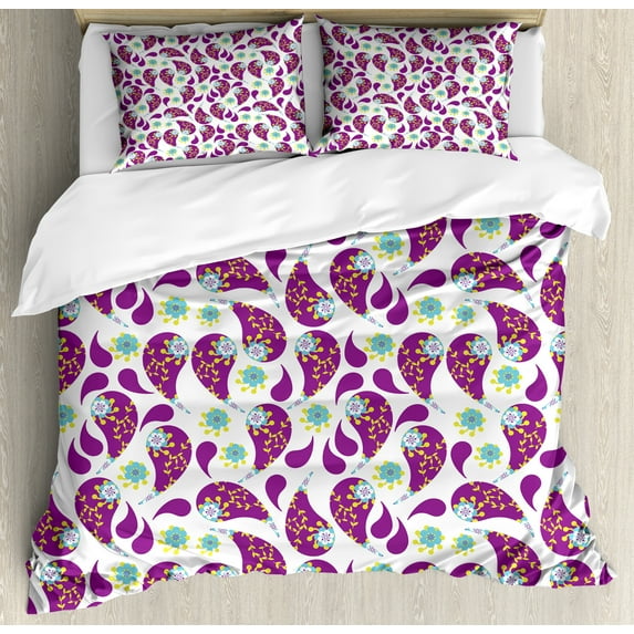 Ambesonne Paisley Duvet Cover Set, Pastel Oriental Leaf Motifs, Calking, Purple Aqua and Green