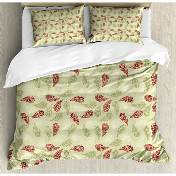 Ambesonne Paisley Duvet Cover Sets, Floral Leaf Pattern, 2-Queen, Red and Pale Green