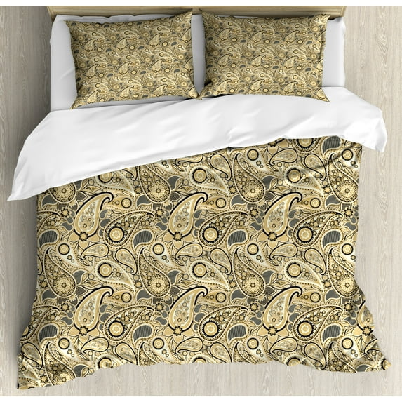 Ambesonne Paisley Duvet Cover Sets, Flowers Stripes, 2-Queen, Brown Black and White