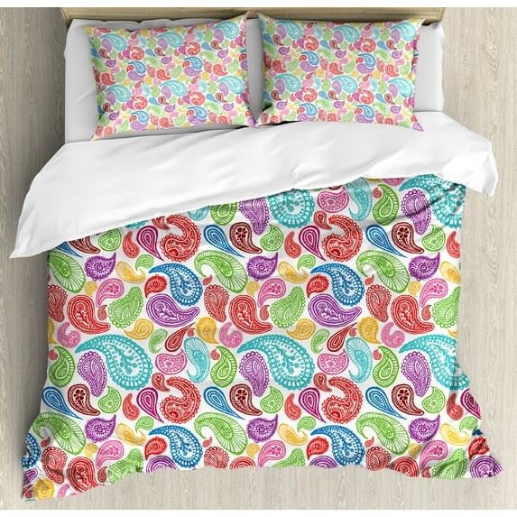 Ambesonne Paisley Duvet Cover Sets, Modern Striped Oriental, 2-Queen, Multicolor