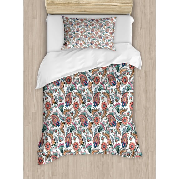 Ambesonne Paisley Duvet Cover Sets, Motifs with Flower Leafs, 2-Twin, Multicolor