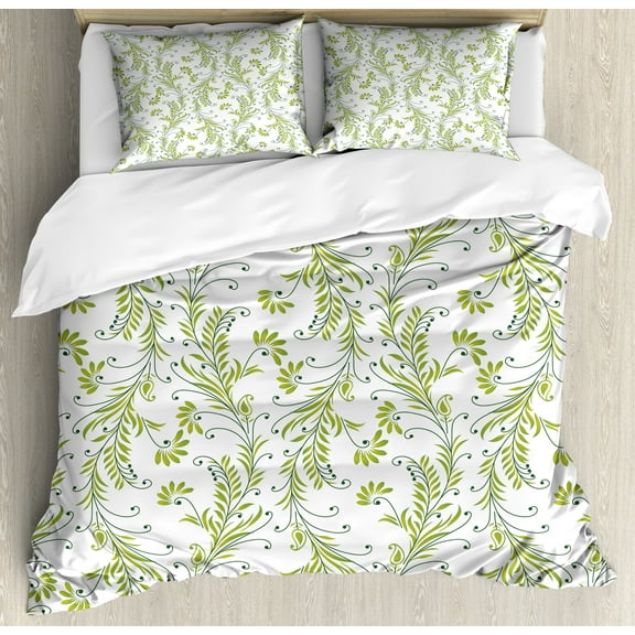 Ambesonne Paisley Duvet Cover Sets, Old Leaf Swirl Floral, 2-King, Green Black White