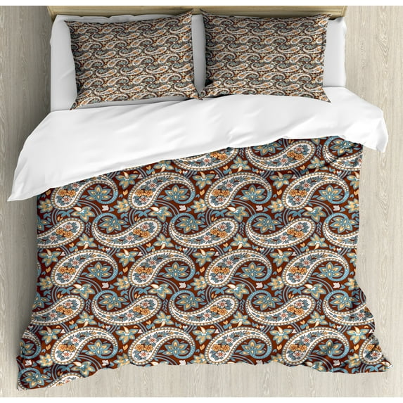 Ambesonne Paisley Duvet Cover Sets, Vintage Oriental Ethnic, 2-Queen, Redwood and Blue Grey