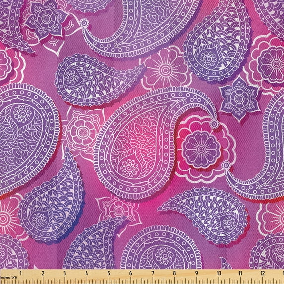 Ambesonne Paisley Fabric by the Yard Microfiber, Oriental Damask Colors, 10 Yards, Pink Fuchsia