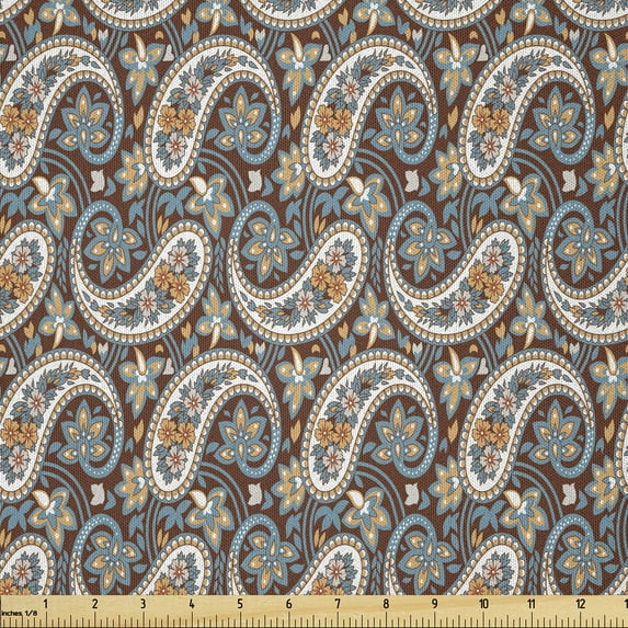 Ambesonne Paisley Fabric by the Yard Microfiber, Vintage Oriental Ethnic, 3 Yards, Redwood and Blue Grey