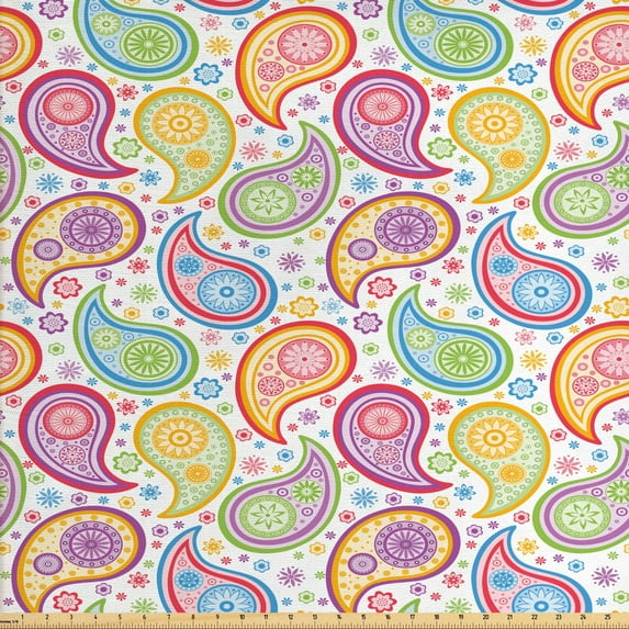 Ambesonne Paisley Fabric by the Yard Upholstery, Colored Pattern Flower, 3 Yards, Multicolor