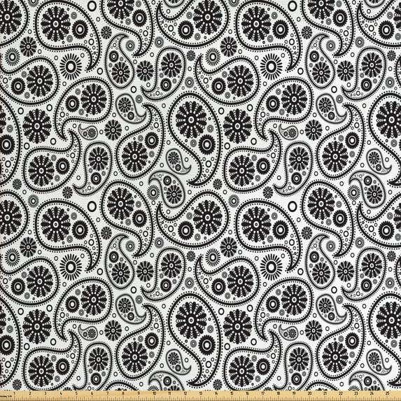 Ambesonne Paisley Fabric by the Yard Upholstery, Floral Retro Circles, 3 Yards, Black and White