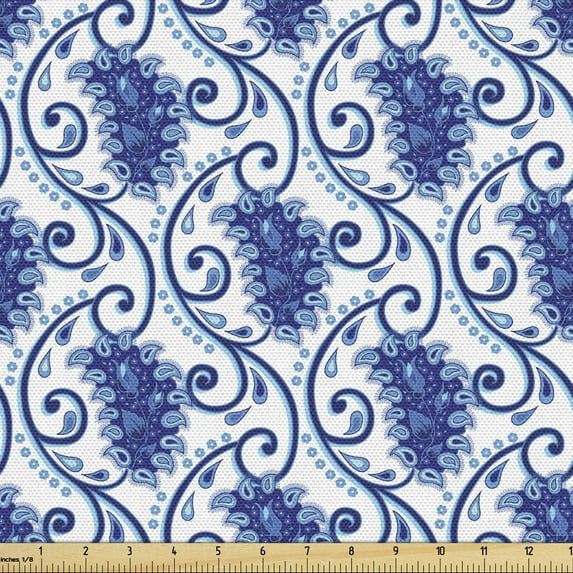 Ambesonne Paisley Fabric by the Yard Upholstery, Flowers Ivy Leaves and Dots, 1 Yard, Blue and White